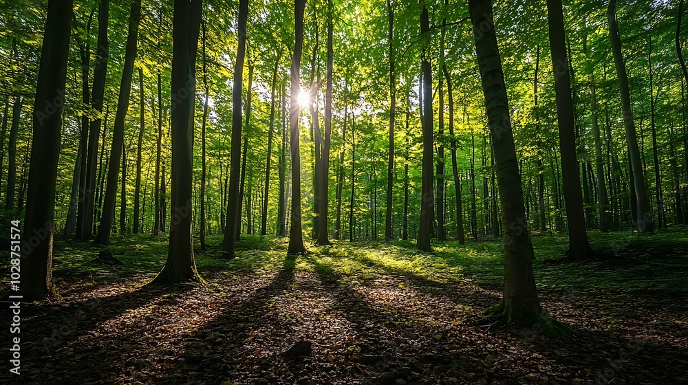 Sunbeams shine through the canopy of a lush green forest. Sunbeams shine through the canopy of a lush green forest.