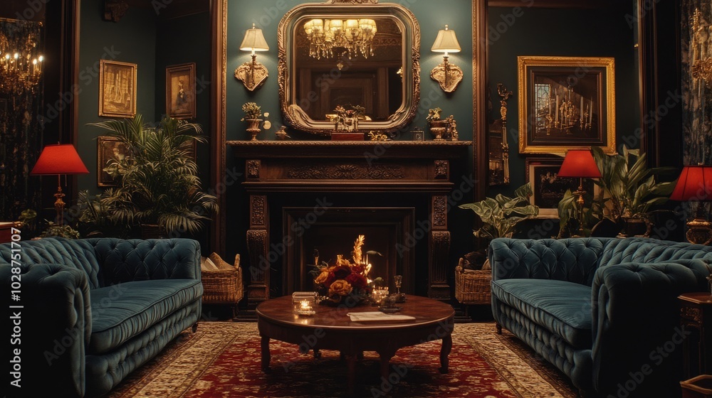 Victorian-inspired parlor with tufted velvet couches, gilded frames, and an ornate mirror above the mantle. Victorian-inspired parlor with tufted velvet couches, gilded frames, and an ornate mirror above the mantle.
