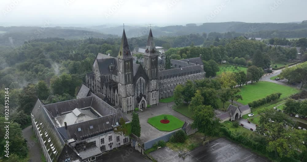 The Abbey of Maredsous, Benedictine monastery ,Denee Anhee in the Belgian province of Namur. Aerial drone view. The Abbey of Maredsous, Benedictine monastery ,Denee Anhee in the Belgian province of Namur. Aerial drone view.