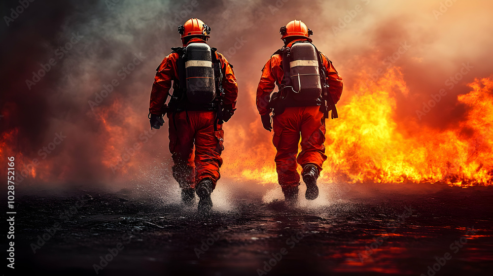 Firefighters in protective gear walking towards a raging fire. Firefighters in protective gear walking towards a raging fire.