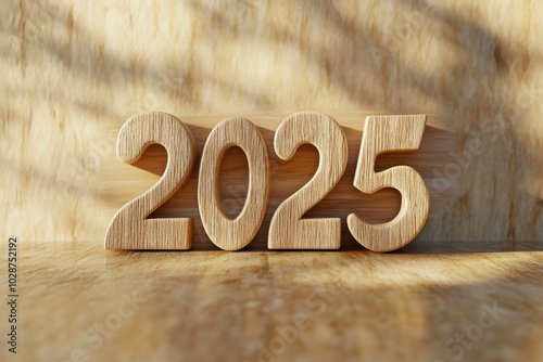 2025: A New Dawn: Wooden numerals, representing the year 2025, stand tall against a warm, sunlit backdrop. This evocative image is perfect for themes of new beginnings, hope.