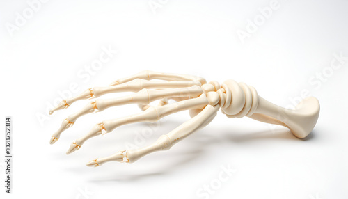 Study model of a skeleton of a human hand, white background