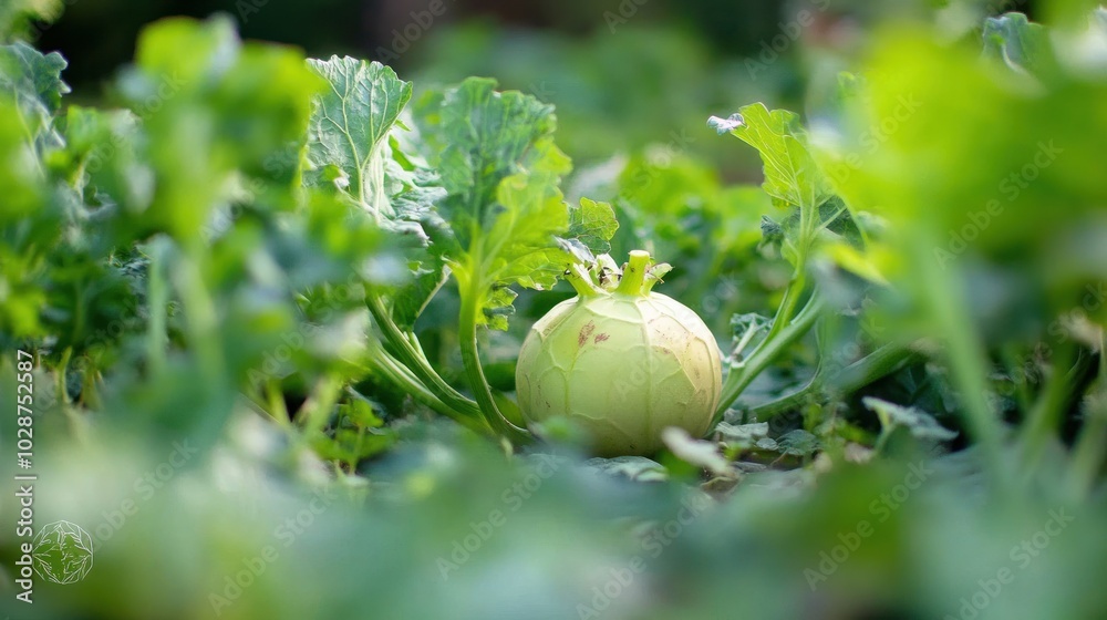 A vegetable with a bulbous stem, kohlrabi thrives among beautiful green leaves in gardens. A vegetable with a bulbous stem, kohlrabi thrives among beautiful green leaves in gardens.