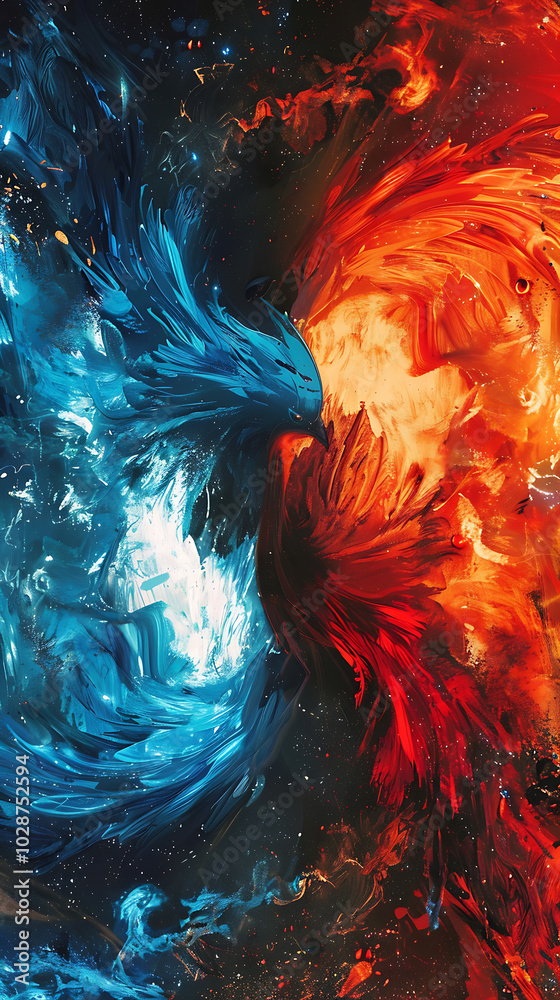 mythical phoenix battle, a phoenix combining fire and water elements in a red and blue clash mythical phoenix battle, a phoenix combining fire and water elements in a red and blue clash