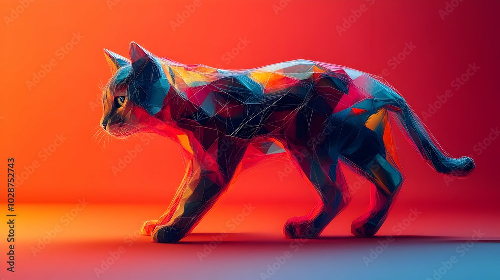 Geometric Cat Sculpture Walks with a Vibrant Backdrop Geometric Cat Sculpture Walks with a Vibrant Backdrop