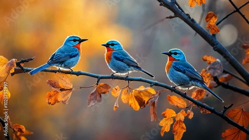 Three bluebirds perch on a branch with orange leaves in the autumn