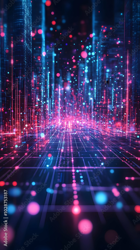 Abstract Cityscape with Glowing Lines and Particles