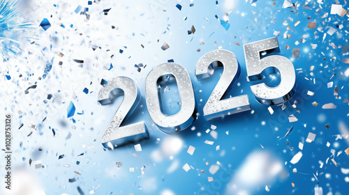 New Year 2025: A silver 2025 sits on a blue and white backdrop, surrounded by shimmering confetti, symbolizing the beginning of a fresh year, full of possibilities and hope. 