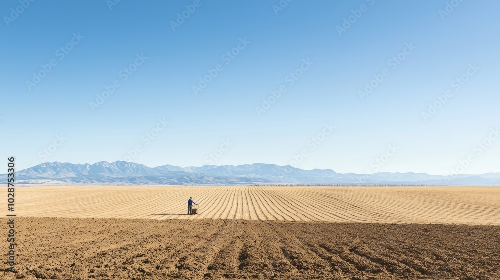 Serene American Countryside: Farmer Preparing Soil with Majestic Mountain View, Cinematic Lighting Serene American Countryside: Farmer Preparing Soil with Majestic Mountain View, Cinematic Lighting