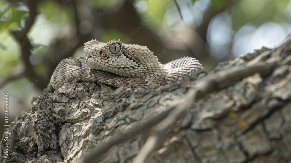 A Camouflaged Desert Horned Viper Resting on a Tree Branch A Camouflaged Desert Horned Viper Resting on a Tree Branch