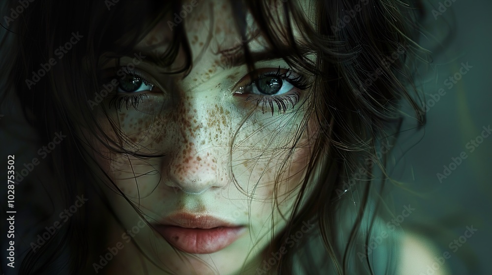 Close Up Portrait of a Woman with Freckles and Green Eyes
