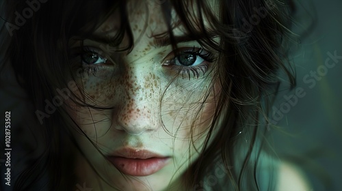 Close Up Portrait of a Woman with Freckles and Green Eyes