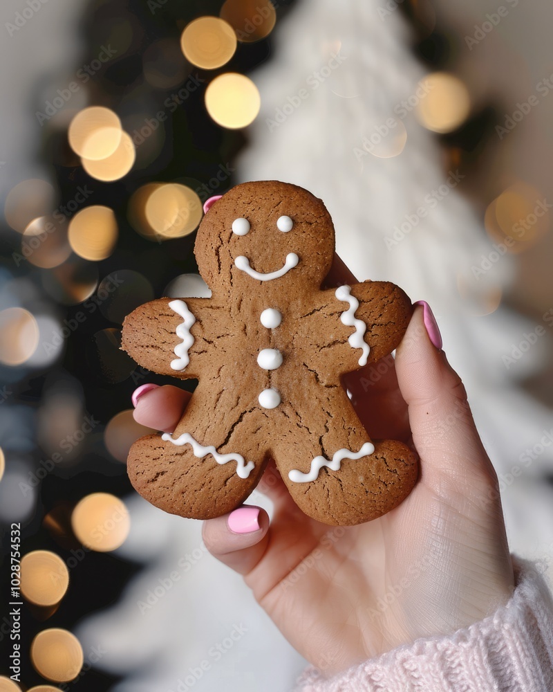 Woman’s Manicure Hand Holding a Gingerbread Man Cookie with Bokeh Lights and White Christmas Tree in Background Woman’s Manicure Hand Holding a Gingerbread Man Cookie with Bokeh Lights and White Christmas Tree in Background