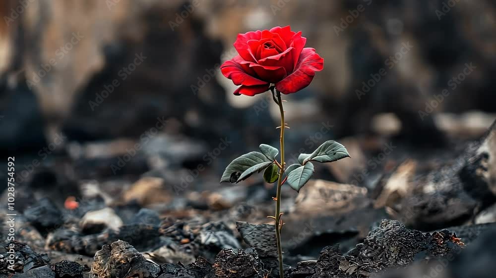 Emerging red rose flourishing from a bed of ashes Emerging red rose flourishing from a bed of ashes