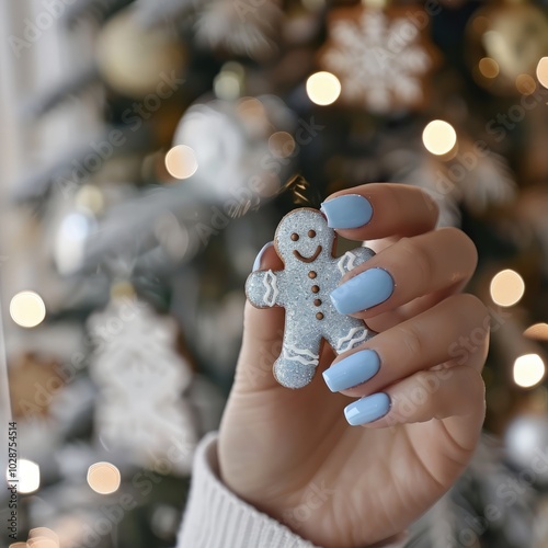 Woman’s Manicure Hand Holding a Gingerbread Man Cookie with Bokeh Lights and White Christmas Tree in Background photo