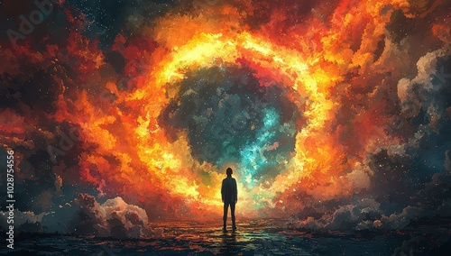 A person standing in front of an aura, with colorful clouds surrounding them and the sun shining behind their back. 