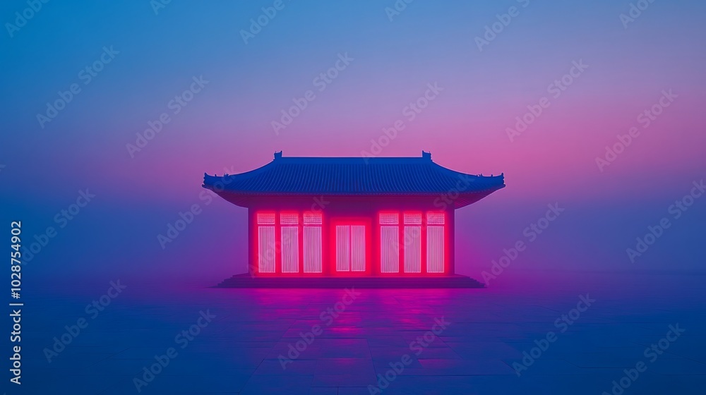 minimalist, zen temple building with an extremely minimal architecture design, neon color.