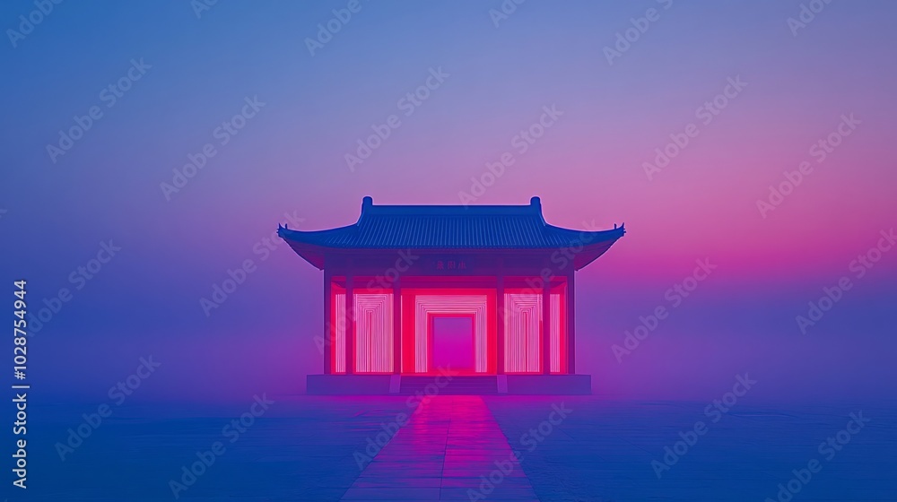 minimalist, zen temple building with an extremely minimal architecture design, neon color. minimalist, zen temple building with an extremely minimal architecture design, neon color.