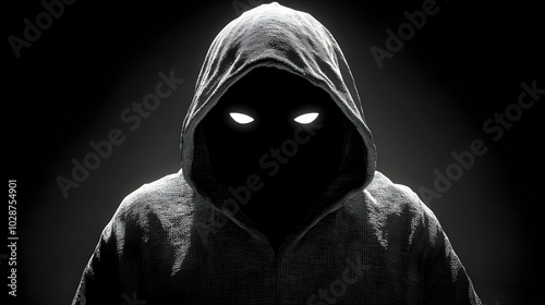 Mysterious figure in a dark hoodie with glowing eyes.