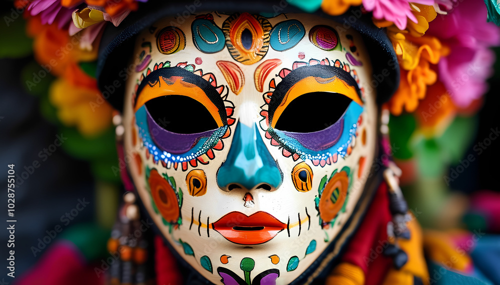 A colorful Day of the Dead mask with intricate designs and vibrant floral accents A colorful Day of the Dead mask with intricate designs and vibrant floral accents