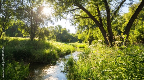 Wallpaper Mural Serene Creek in American Countryside with Sunlight, Trees & Wildflowers - Ultra-Detailed, Cinematic Light Torontodigital.ca