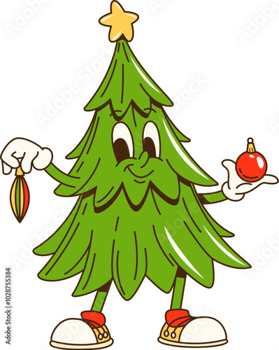 Cartoon groovy Christmas holiday pine tree character wearing star topper and holding bauble ornaments. Isolated vector decorated retro spruce or conifer fir-tree with lights and trendy hippie sneakers