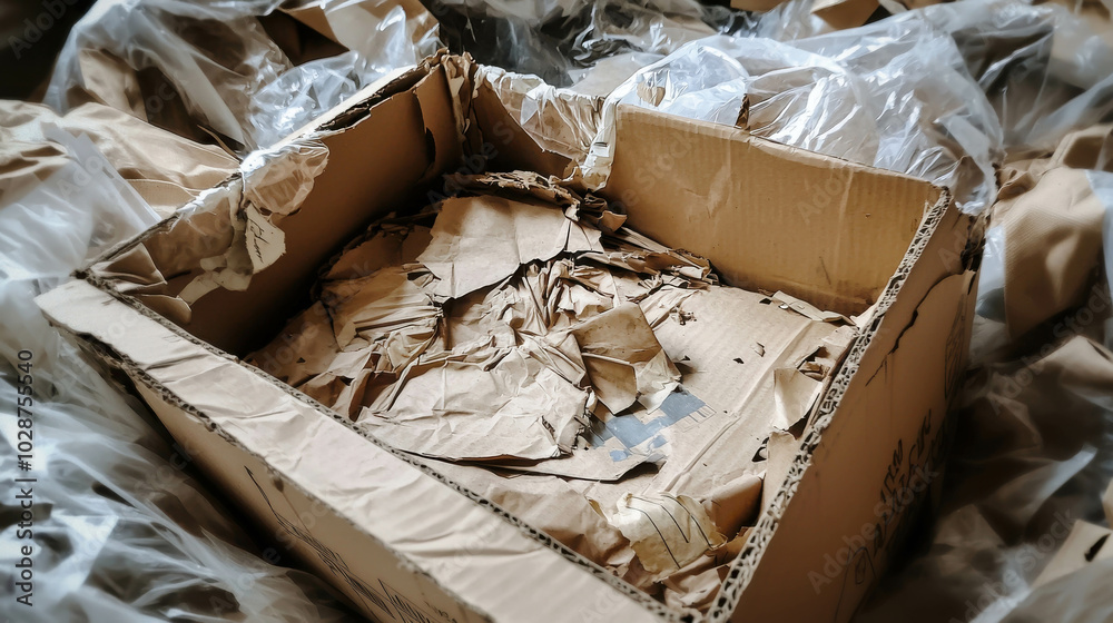 Damaged Cardboard Box: A close-up shot reveals a cardboard box filled ...