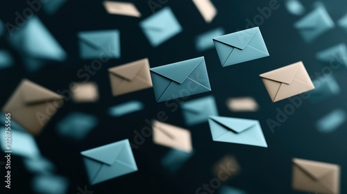 Floating blue and brown envelopes in a dark, blurred background conveying the concept of communication and mail delivery in a digital context. photo