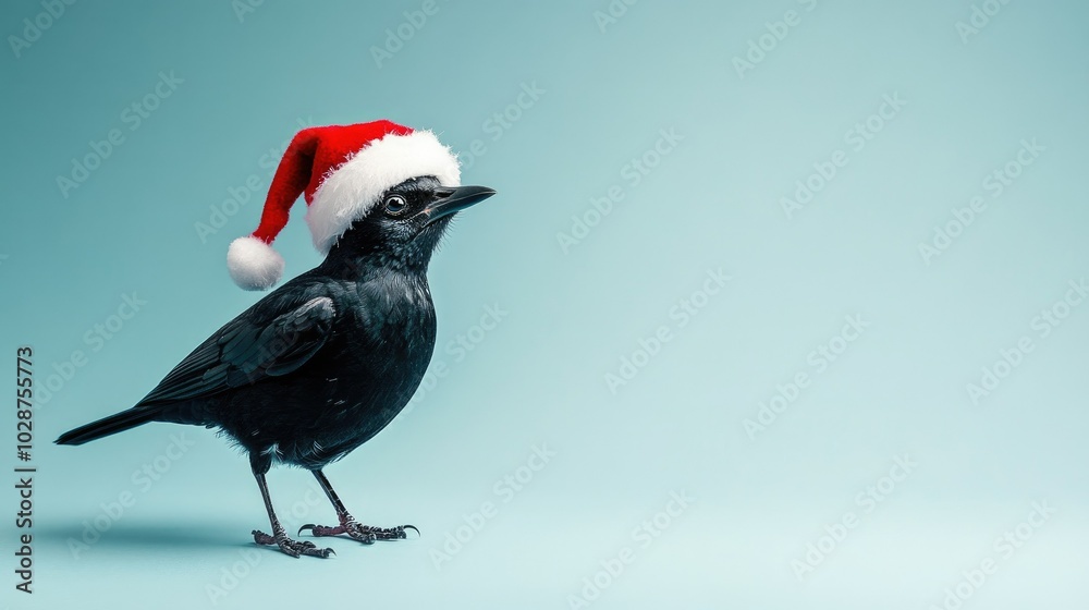 Fototapeta premium A festive blackbird wearing a Santa hat against a light blue background, showcasing a unique and playful twist on traditional holiday imagery.