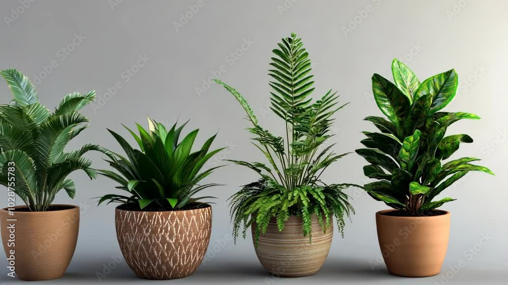 Four potted plants are arranged in a row against a gray wall Four potted plants are arranged in a row against a gray wall