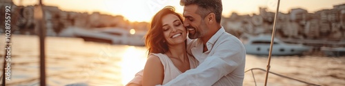 A couple is hugging on a boat in the water. The man is wearing a white shirt and the woman is wearing a white dress. The sun is setting in the background, creating a warm and romantic atmosphere