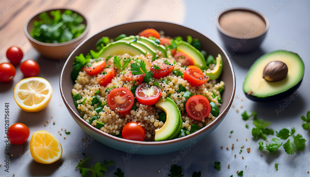 Healthy quinoa salad with avocado and tomatoes
