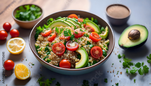 Healthy quinoa salad with avocado and tomatoes 