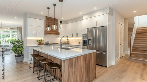 Modern kitchen with island and stylish decor in a home setting.