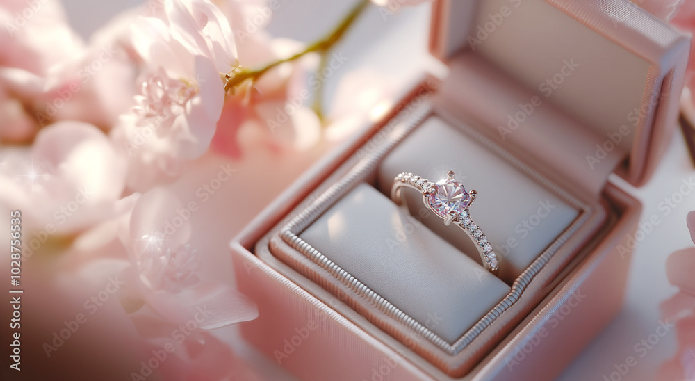 engagement ring with large pink diamond and small diamonds on shank in beautiful box, close-up engagement ring with large pink diamond and small diamonds on shank in beautiful box, close-up