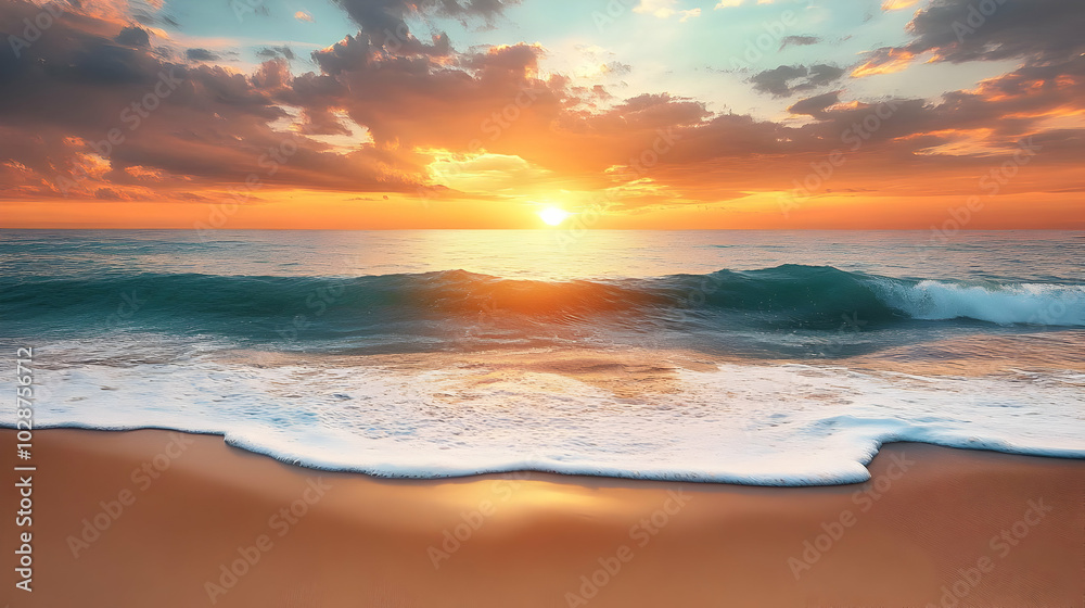 Serene sunset over a tranquil beach with gentle waves. Serene sunset over a tranquil beach with gentle waves.