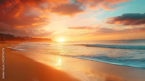 Serene sunset over a tranquil beach with gentle waves.