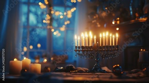 A glowing menorah in a cozy Hanukkah setting, surrounded by decorative elements, perfectly capturing the spirit of the Jewish holiday.