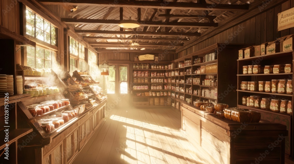 Authentic American Country Store Showcase with Fresh Produce, Homemade Jams & Baked Goods Under Cinematic Light