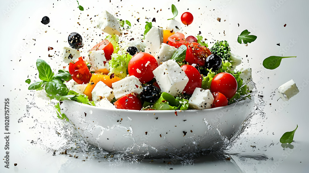 Fresh salad ingredients splashing in a bowl, showcasing vibrant colors. Fresh salad ingredients splashing in a bowl, showcasing vibrant colors.