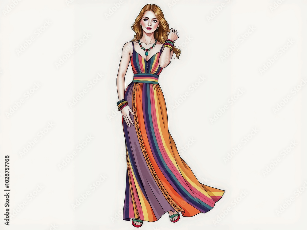 A woman in a colorful dress is posing for a picture. The dress is long and has a flowy, bohemian style. The woman is wearing a necklace and bracelets, adding to her elegant and stylish appearance
