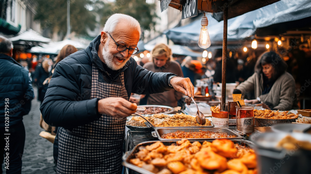 Elderly man serving food at an outdoor market stall, surrounded by various dishes and people in a busy urban environment. Elderly man serving food at an outdoor market stall, surrounded by various dishes and people in a busy urban environment.