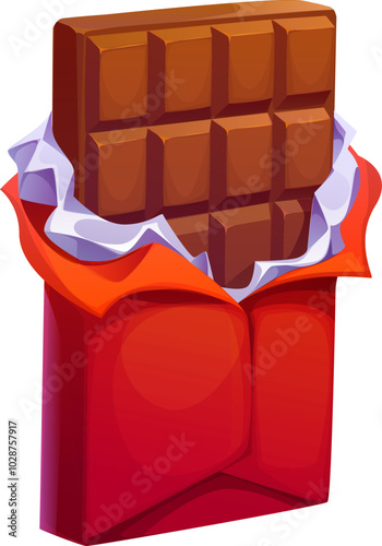 Cartoon chocolate bar partially unwrapped in a vibrant red wrapper, evoking feelings of sweetness and temptation. Isolated vector sweet candy dessert, dark bitter or milk chocolate, patisserie product