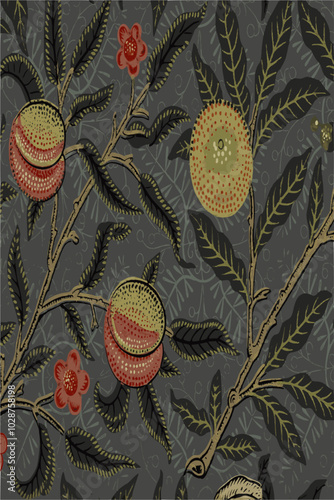 Stylized floral pattern with dark green leaves, red blossoms, and orange-red fruits on a dark grey background