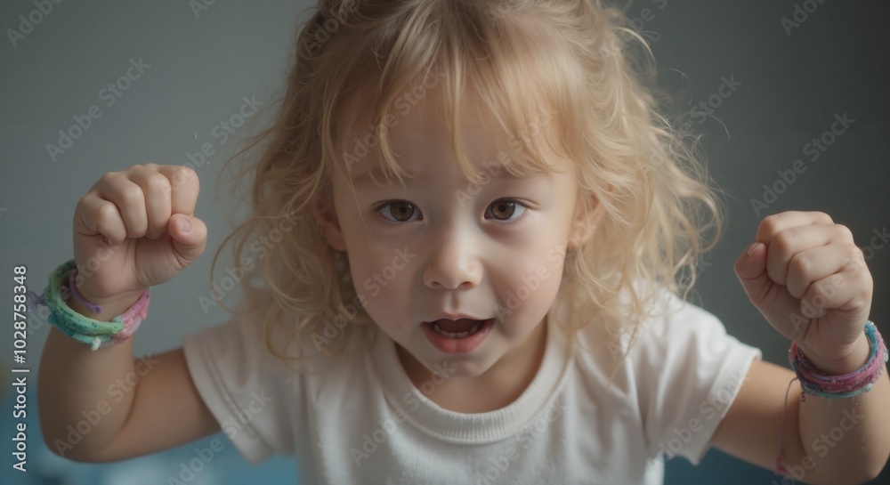 Naklejka premium Zoe - Enthusiastic Blonde Toddler Girl with Raised Fist, Expressing Determination and Victory