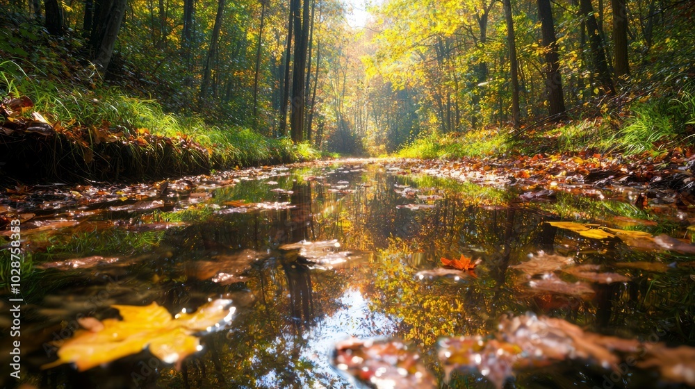 Fototapeta premium Tranquil Creek in Autumn Forest - Serene American Countryside Scene with Vivid Fall Foliage, Ultra-Detailed Capture of Nature's Beauty with Cinematic Light