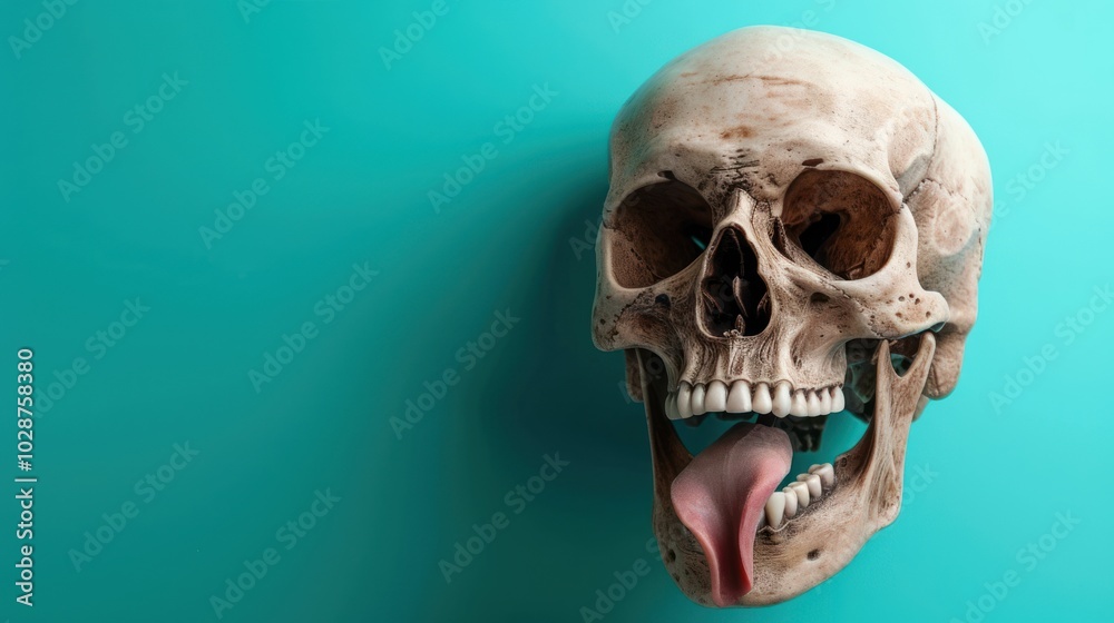 Obraz premium A Human Skull with a Protruding Tongue Against a Turquoise Background
