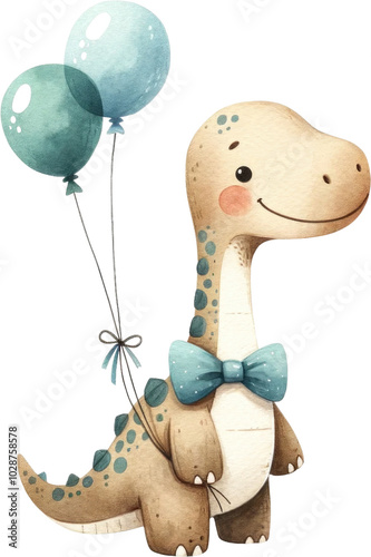 Cute Dinosaur Holding Balloons Isolated on Transparent Background.