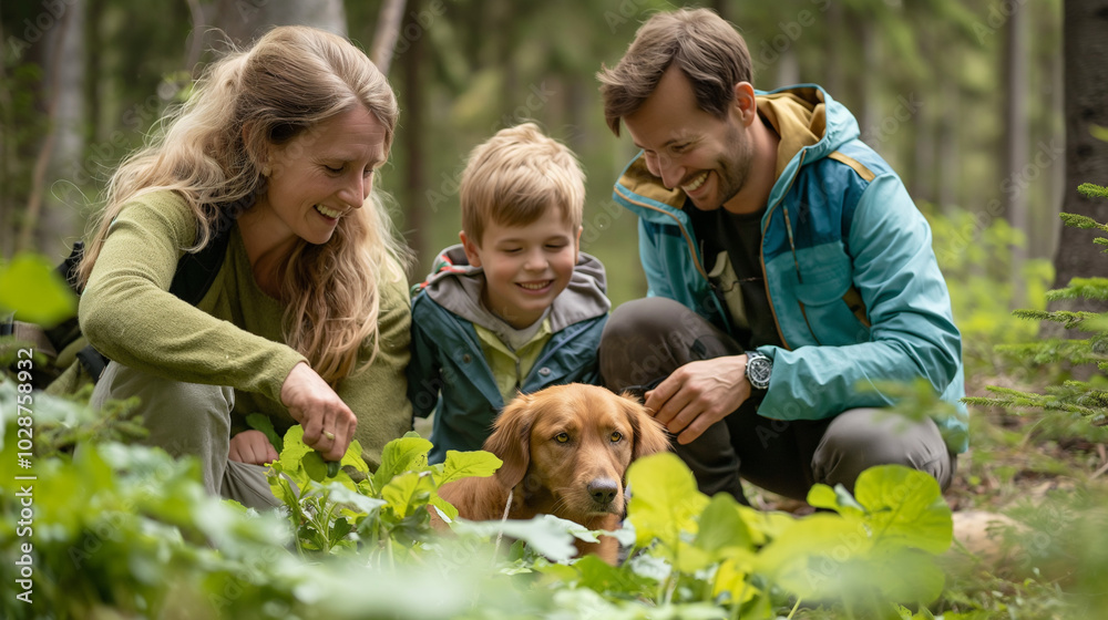 Family with children and a dog picking wild herbs in the forest, learning about nature conservation. Family with children and a dog picking wild herbs in the forest, learning about nature conservation.
