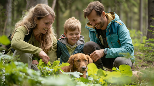 Family with children and a dog picking wild herbs in the forest, learning about nature conservation.